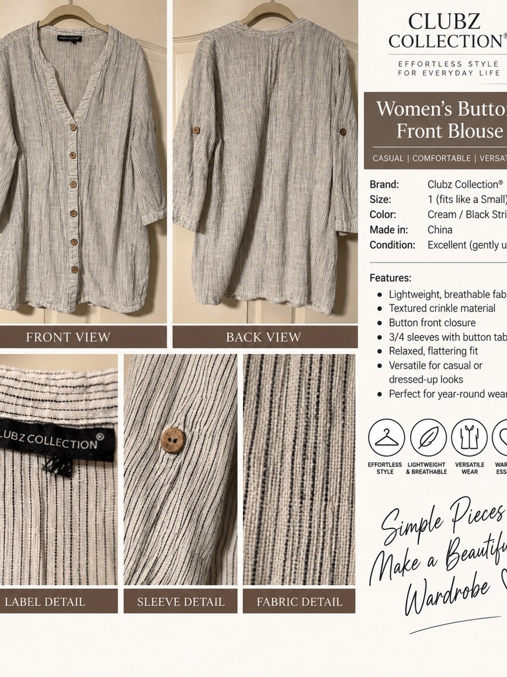 Clubz Collection Cream Striped Button-Front Women's Blouse